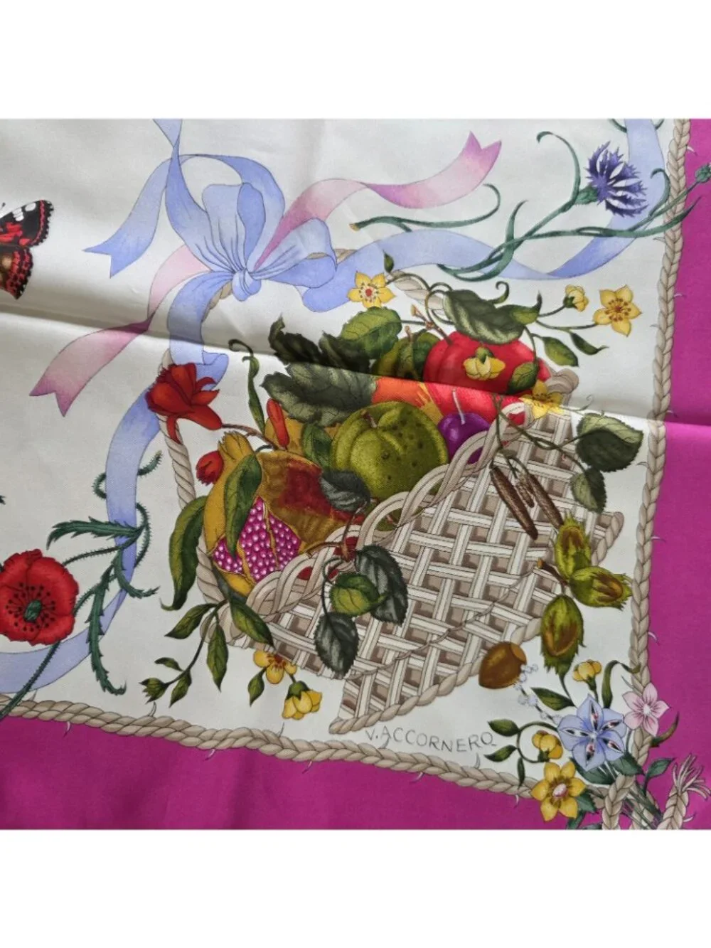 Vtg Gucci V. Accornero Silk Butterfly Floral Print Hand Rolled Scarf 34